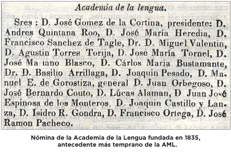 Nómina de la Academia de la Lengua fundada en 1835, antecedente más temprano de la AML.